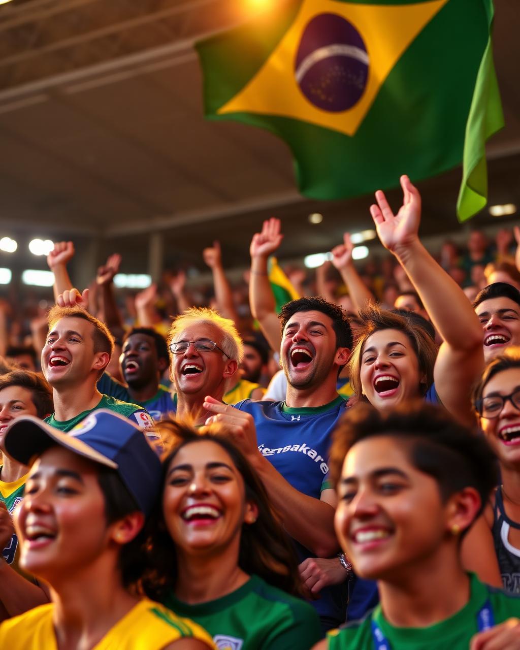 Torcida brasileira celebrando no estádio